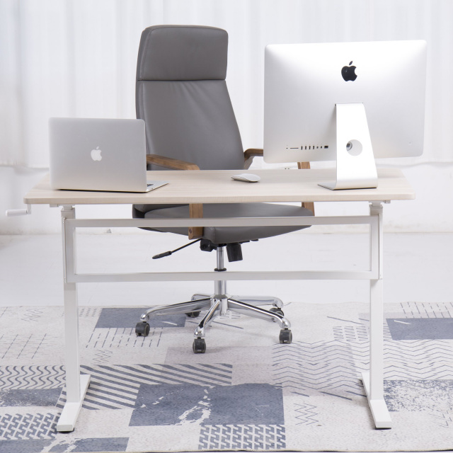 48"Lx24"D Crank Up Sit To Stand Adjustable Height Desk (Light Oak Top, White Legs)