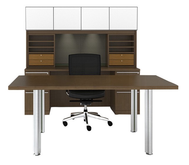 66"x30" Desk, Credenza, 2 Drawer Units, 2 Organizers, Tack Board & Overhead With White Doors